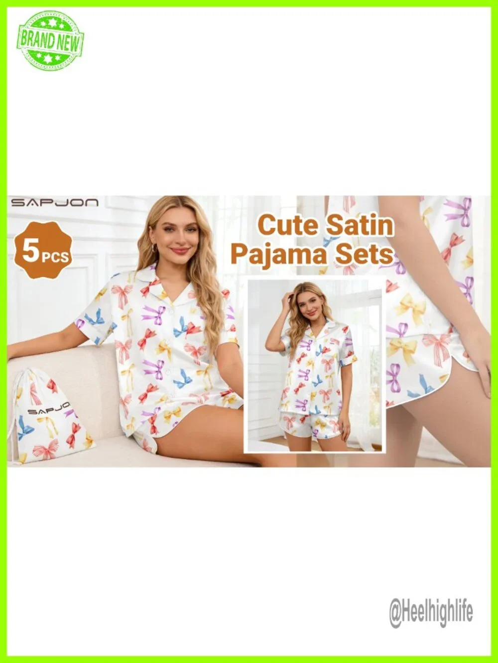 Women's 5-Piece Silk Satin Pajama Set Button Down Top Shorts Loungewear
